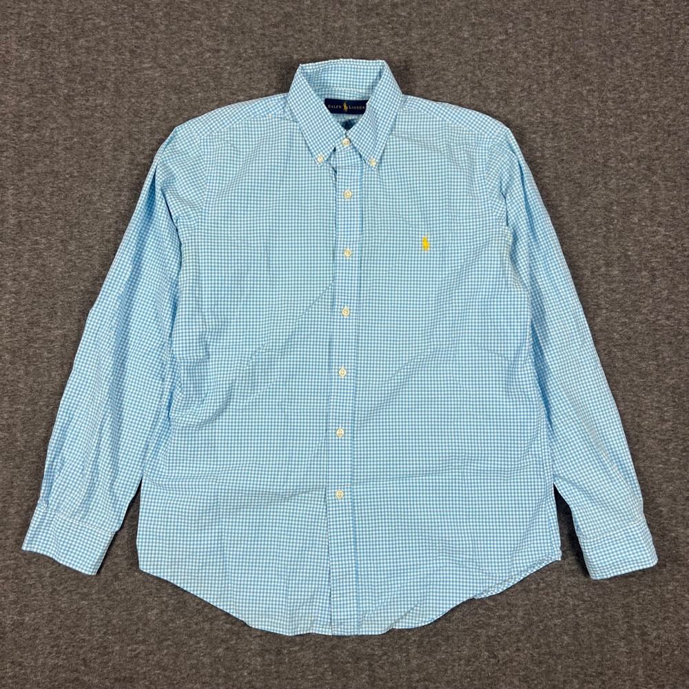 Ralph Lauren Gingham Check Button Down Mens Medium Blue Yellow Pony Logo Preppy